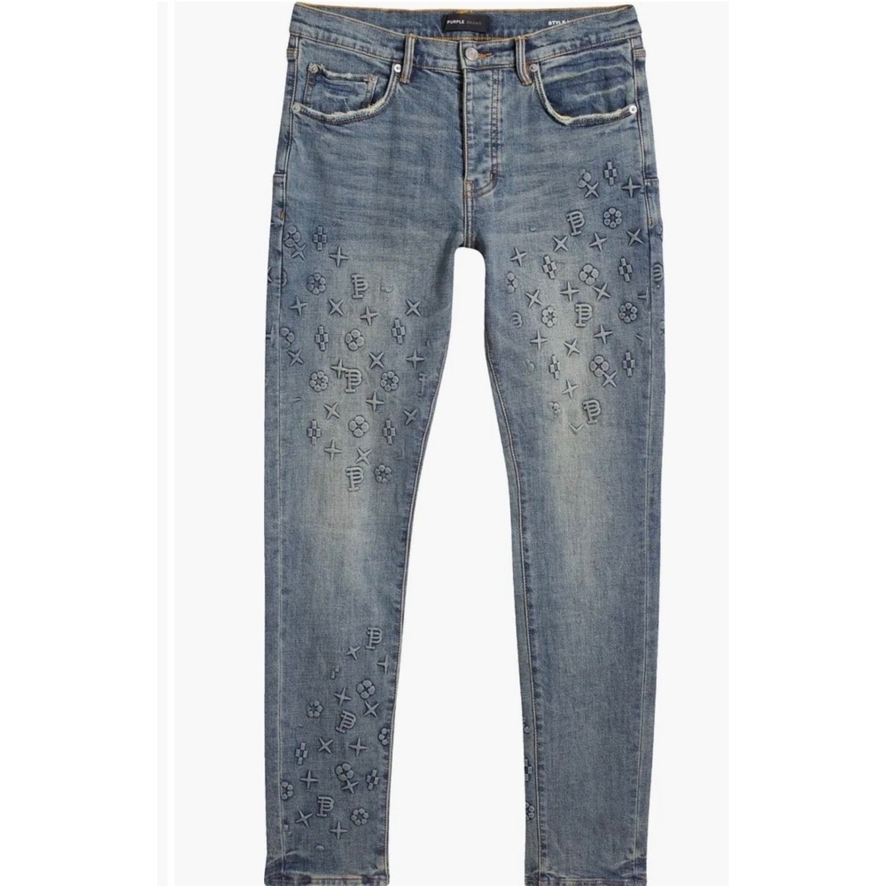 Purple Brand P001‎ Low Rise Slim Jeans Lt Indigo 3D Embossed Monogram Button Fly - Picture 16 of 16